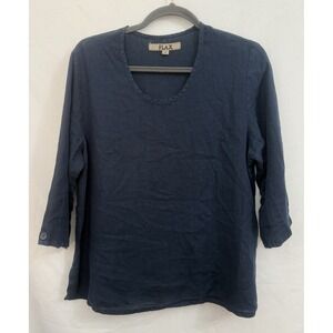 FLAX 100% Linen Navy 3/4 Sleeve Scoop Neck Casual Top‎ Size S Oversized Relaxed
